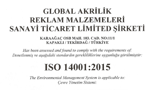 ISO 14001 Çevre Yönetim Sistemi Belgesi Global Akrilik